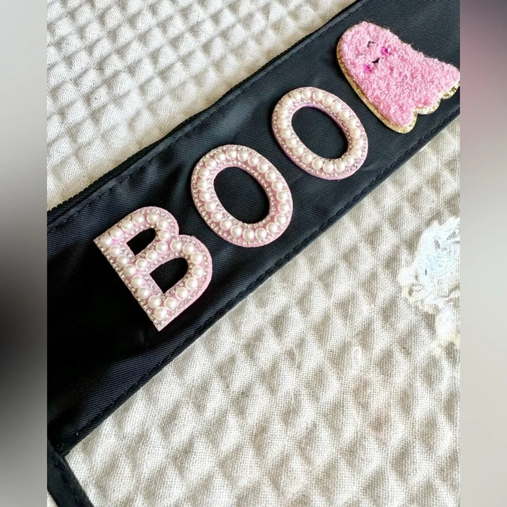 New Halloween Boo Pink Ghost Black & Clear Zippered Makeup Wristlet Bag - 11.5”